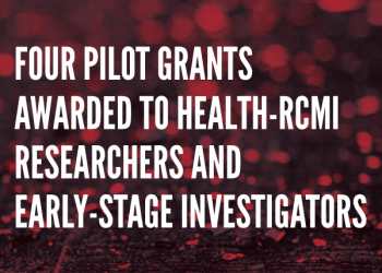 Image of red confetti on a black background with text in a condensed, bold typeface (in all caps) that reads, "Four Pilot Grants Awarded to HEALTH-RCMI Researchers and Early-Stage Investigators"